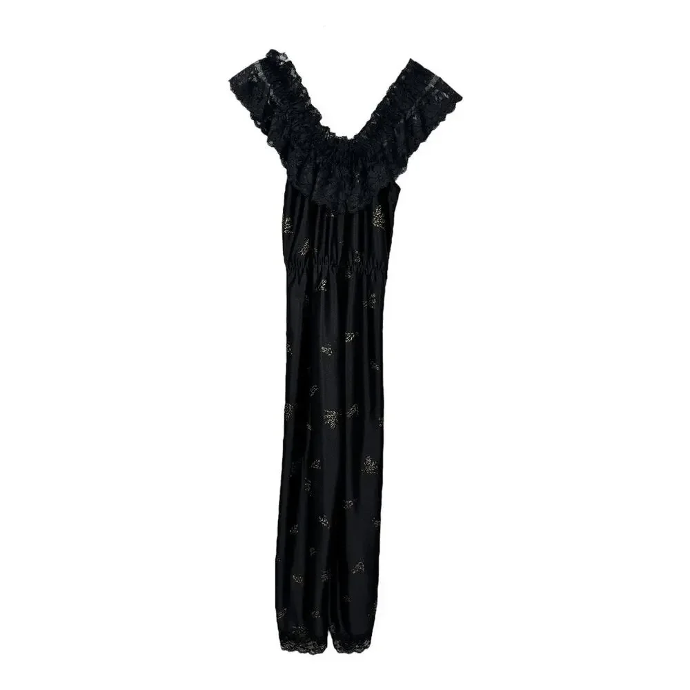 Vintage 70s Dolores For Poirette Black Sleepwear Jumpsuit Medium Lace Gold Satin - Picture 3 of 8